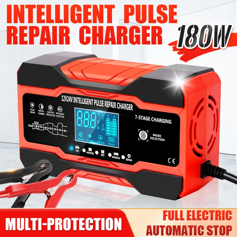 12V 24V Car Battery Charger 10A Pulse Repair LCD Display Car Battery Chargers Power Puls Repair Chargers Wet Dry Lead Acid