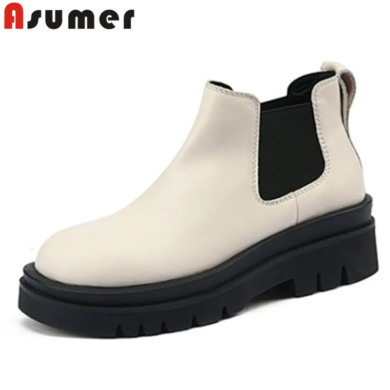 

ASUMER 2023 New Genuine Leather Winter Boots Woman Slip On Square Med Heels Shoes Ladies Mixed Colors Chelsea Ankle Boots