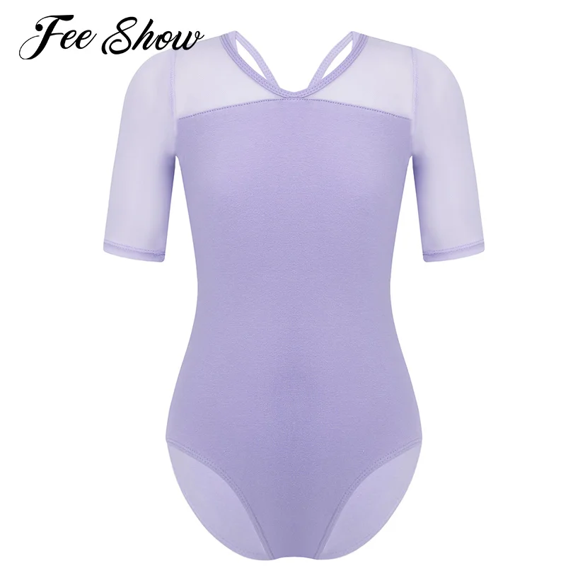 

Kids Girls Solid Color Ballet Leotard Gymnastics Bodysuit Dancewear V Neck Half Sleeve Open Back Breathable Mesh Sport Jumpsuit