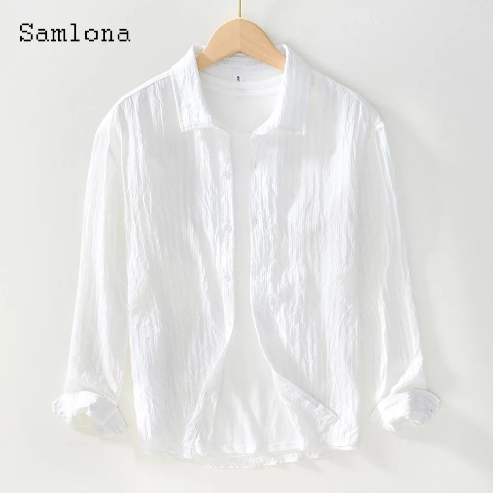 

Samlona 2023 Men Long Sleeves Casual Blouse Korean Fashion Basic Shirts Masculina Camisa Top blusas hommes Ropa Male Streetwear