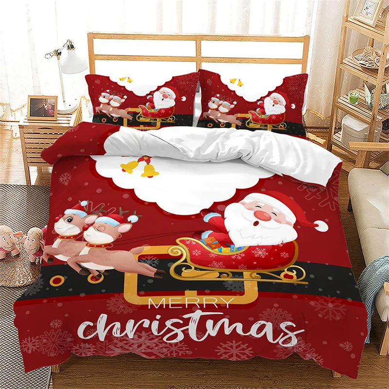 

Merry Christmas Duvet Cover Cartoon Deer Santa Claus Bedding Set Twin Queen Microfiber Xmas Theme New Year Red Comforter Cover