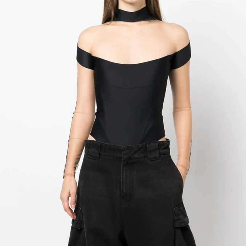 

High Quality Women's Tulle Patchwork Semi Transparent High Neck Long Sleeved Tight Fitting Jumpsuit, Fashionable Sexy Crop Top