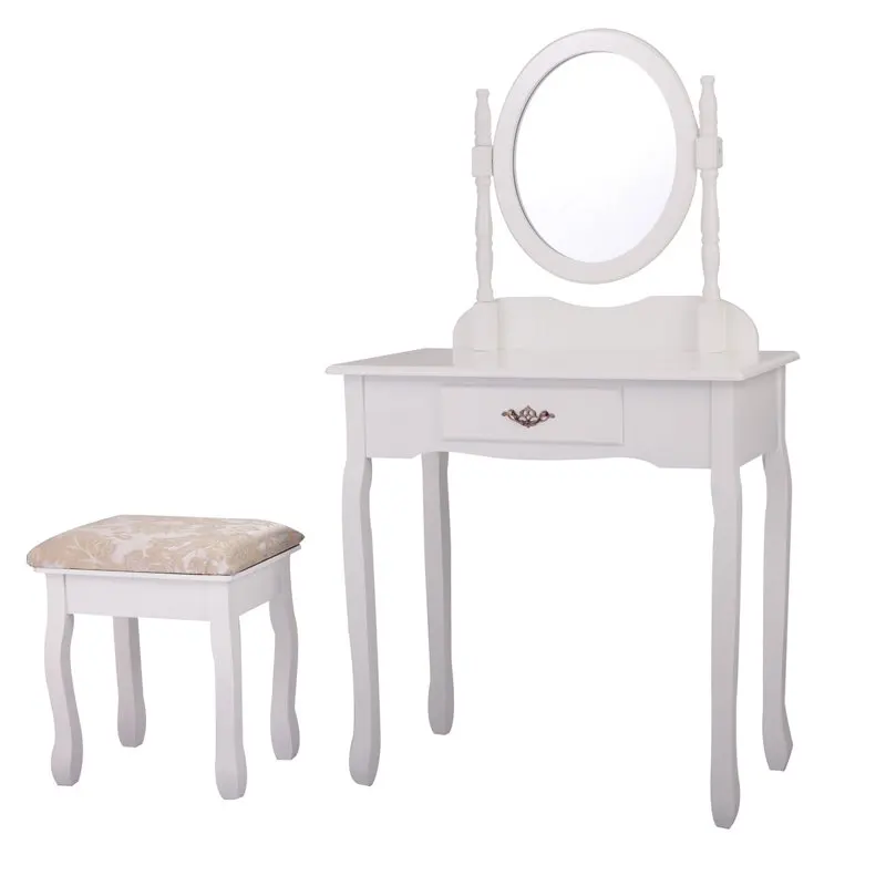 

Makeup Table Set Make Dressing Jewelry Desk w/ 1 Drawer and Oval Mirror White