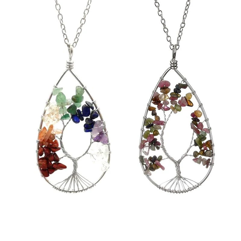 

Handmade Tree of Life Water Drop Pendant 7 Chakra Natural Crystal Gem Stone Silver Color Necklace Wire Wrap Jewelry