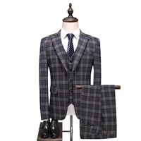brand spring and autumn mens suit set plaid three piece set brown gorgeous jacket vest trousers mens business casual men suit