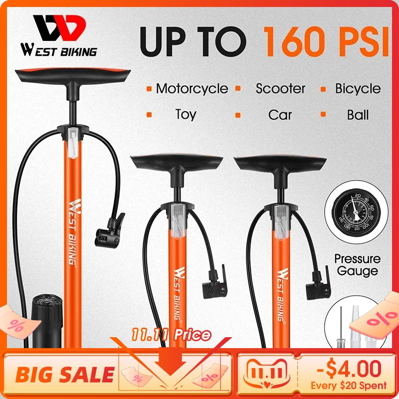 

WEST BIKING велосипедный напольный насос 160psi, велосипедный воздушный насос высокого давления, насос для накачки шин, мячей, Schrader Presta, мотоцикла, автомобиля, велосипеда