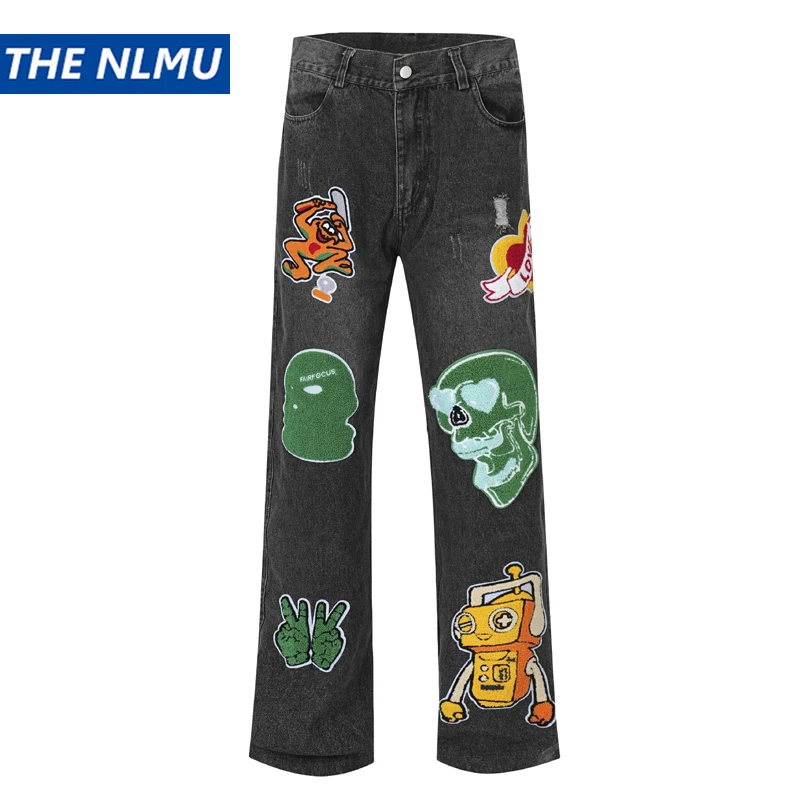 Men Hip Hop Denim Pants Jeans Streetwear Embroidery Skull Cartoon Denim Trousers Harajuku Funny Jeans Baggy Pants