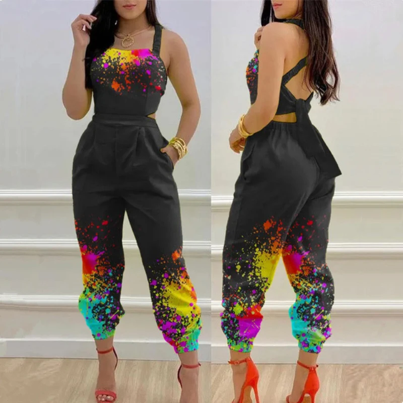 

Summer Sleeveless Long Jumpsuit Women 2022 Ink Splash Print Criss Cross Tied Detail Backless Jumpsuits
