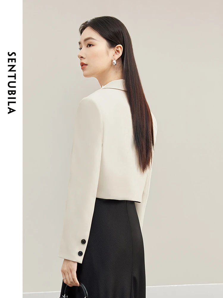 SENTUBILA укороченный овсяный пиджак женский прямой классический с зубцами 2024