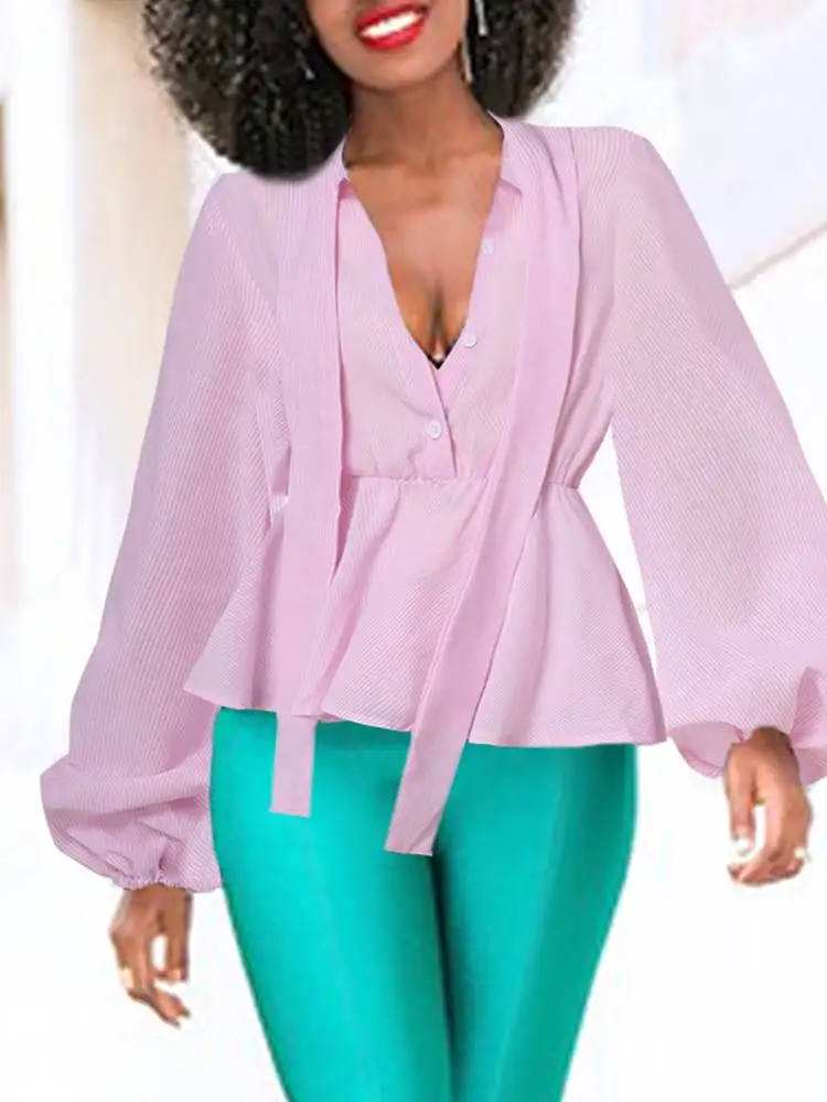 

Блузка ZANZEA Женская Полосатая в офисном стиле, Модный повседневный топ-трапеция с пышными рукавами, бандажный Топ оверсайз, осень 2022