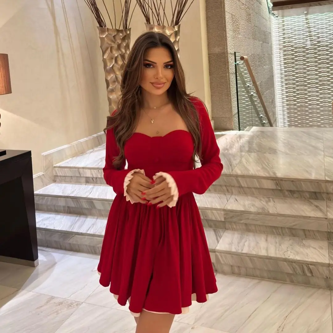 

Carolina Red Long Sleeves Prom Dresses Pleated Sweetheart Mini Above Knee Length Party Dresses Special Occasion Evening Gowns