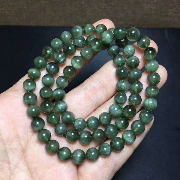 

Natural Green Rutilated Quartz Cat Eye Bracelet 7.6mm Women Men Brazil Stretch Crystal 3 Laps Round Bead Bracelet AAAAAA