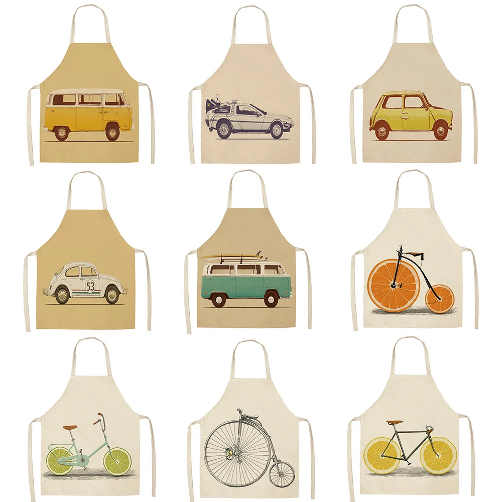

Car Bicycle Pattern Kitchen Aprons Woman Adult Kids Cotton Linen Bibs Home Cooking BBQ Apron Cleaning Accessory