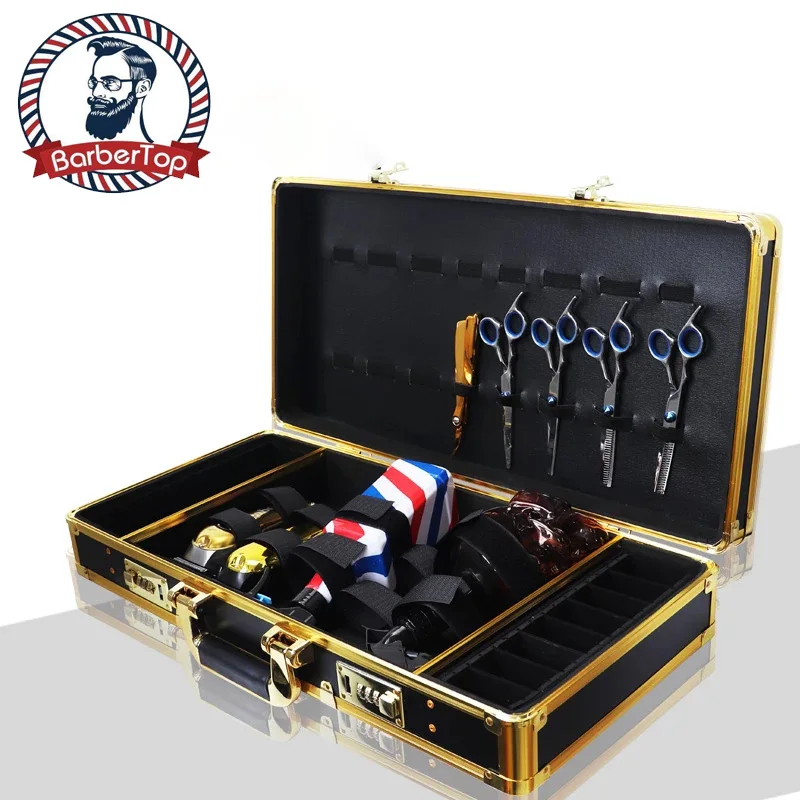 Professional Gold Aluminum Barber Tool Box Salon Hairdressing Suitcase Storage Travel Case Carrying Accessories