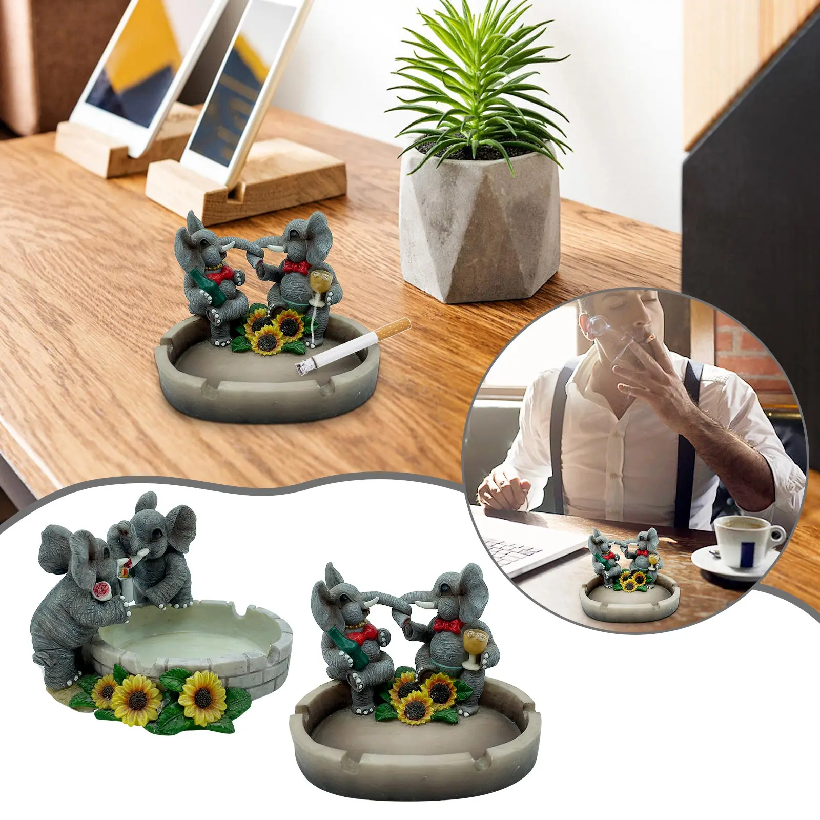 

Elephant Smoking Ashtrays Cartoon Animal Ash Holder Tray Resin Cigarettes Ash Catcher For Indoor Outdoor Desktop Decorations