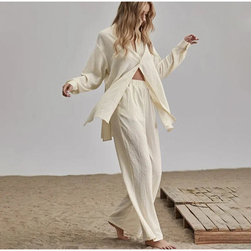 

Women's 2 Pieces Set Elegant Loose Women Shirt Trouser Suits Long Sleeve Lapel Shirts And Elastic High Wasit Pants Office Outfit