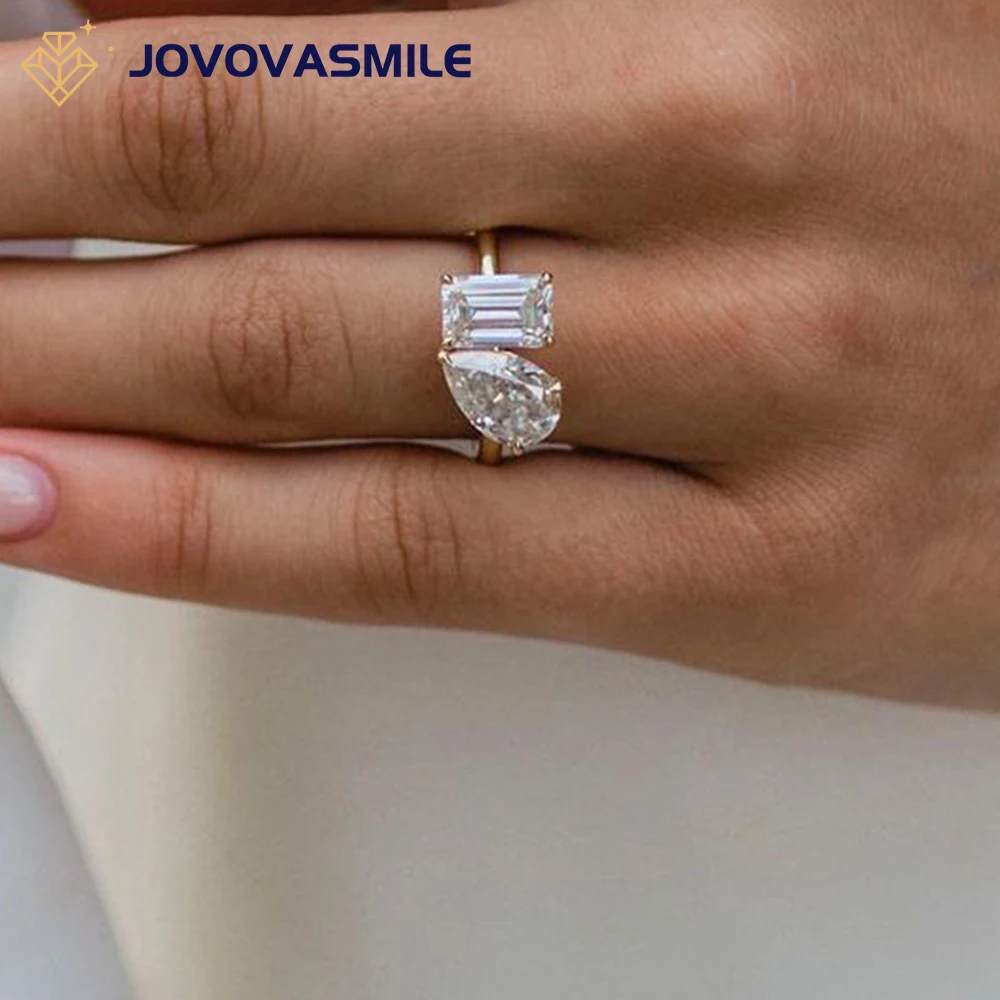 JOVOVASMILE Fine Jewelry Moissanite Gold Ring Crushed Ice 2.5ct Pear Cut and 2ct Emerald Cut Rings Real Original 18k Gold