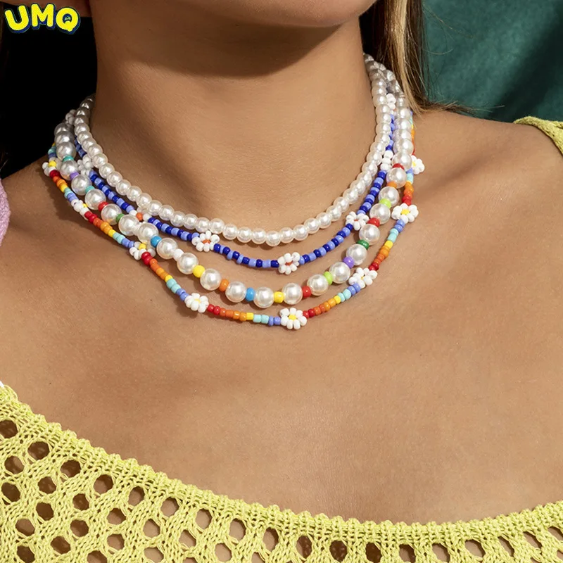

Fashion jewelry Beach Color Daisy Flower Rice Bead Necklace Feminine Pearl String Multi-layer Necklacegifts for Women