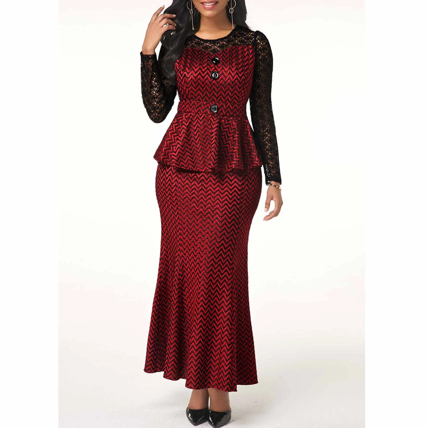 

Elegant Lace Patchwork Striped Print 2 Piece Party Dress for Women High Waist Long Sleeve Evening Bodycon Mermaid Dresses Formal