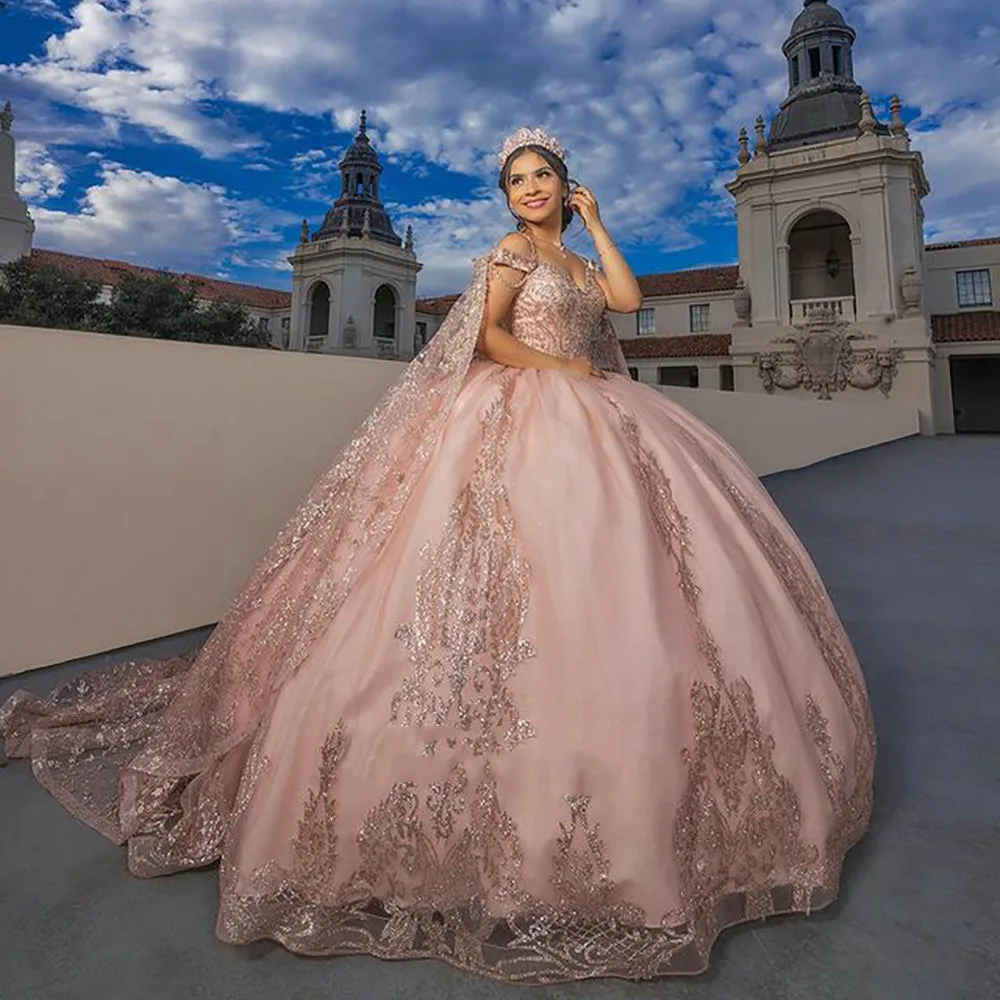 

Pink Crystal Appliques Ball Gown Quinceanera Dresses with Cape lace-up corset Sweetheart Sleeveless Vestido De 15 16 Anos