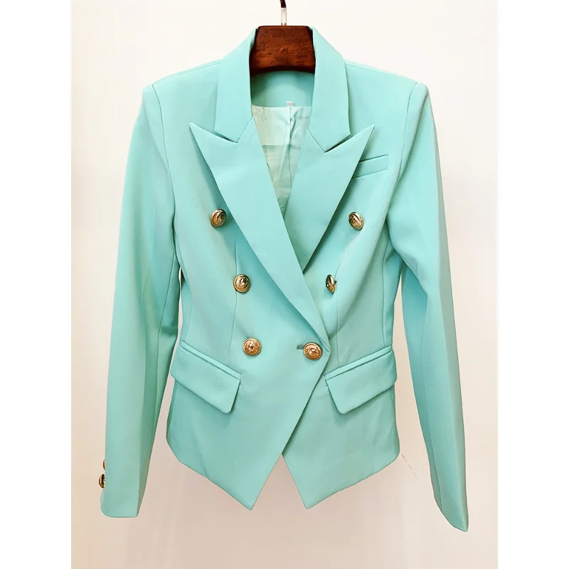 

TOP 2023 Fashion Designer Jacket Women's Classic Metal Lion Buttons Double Breasted Slim Fitting Blazer Mint