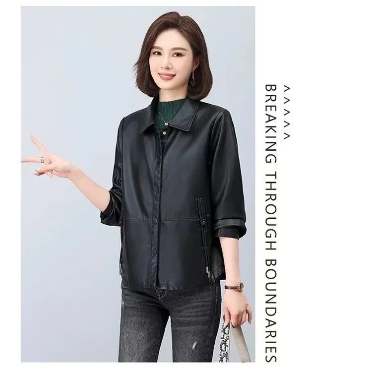 2024 Стильная укороченная кожаная куртка для мам на весну и осень детей 40 лет 50