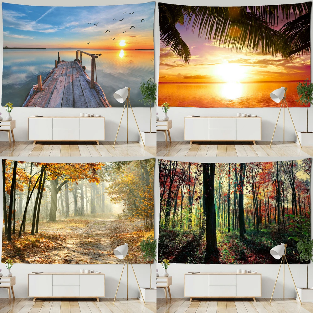 

Forest Tree Tapestry Wall Hanging Nature Scene Tapestries Sunlight Beach Sunset Dusk Plant Leaves Landscape Home Decor for Room