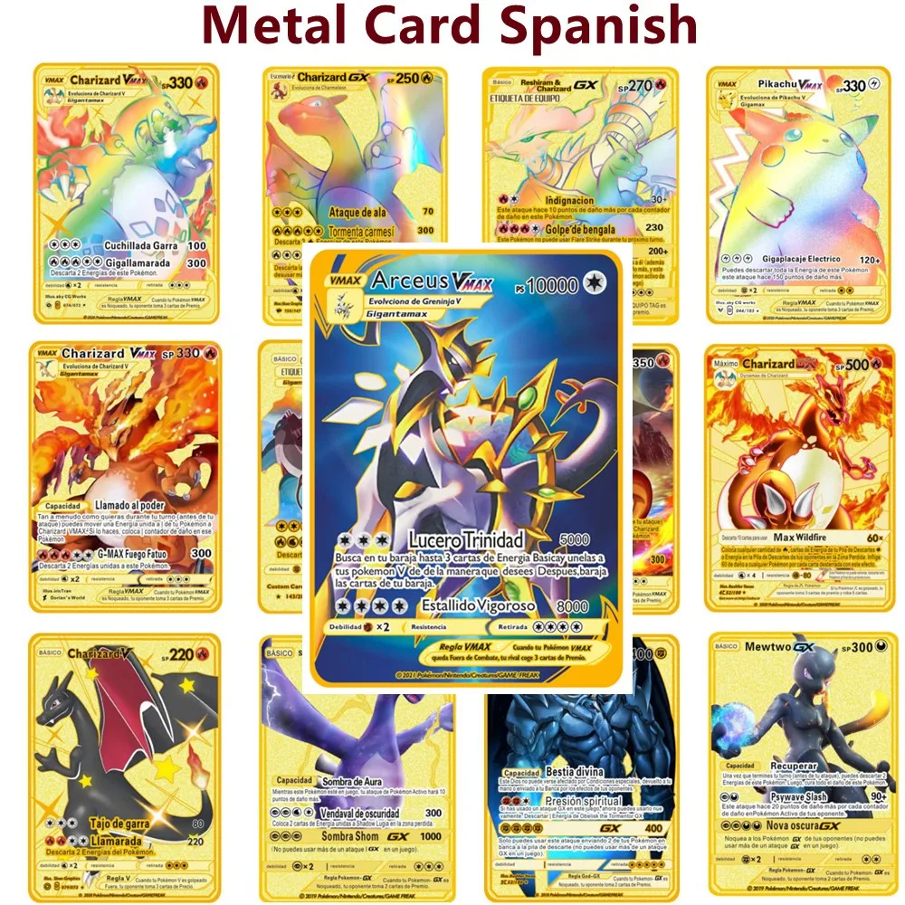 

Spanish Pokemon Cards Gold Metal Pokemon Cards Spanish Hard Iron Cards Mewtwo Pikachu Gx Charizard Vmax Pack Game Collection