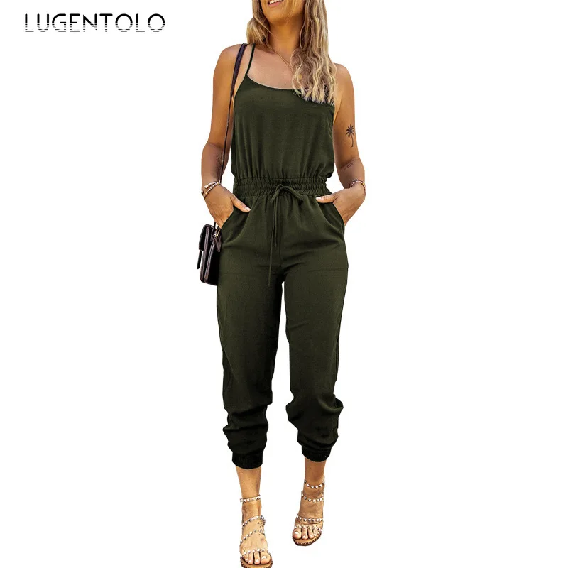

Women Casual Jumpsuits Slim Summer Solid Sleeveless Elastic Waist Spaghetti Strap Female Thin Street Pencil Jumpsuit