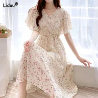 young style fashion v neck chiffon thin empire a line skirt colorful elegant floral print summer loose dress womens clothing