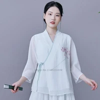 2022 chinese traditional hanfu tops women flower print blouse traditional chiffon tea seavice blouse hanfu oriental tang suit
