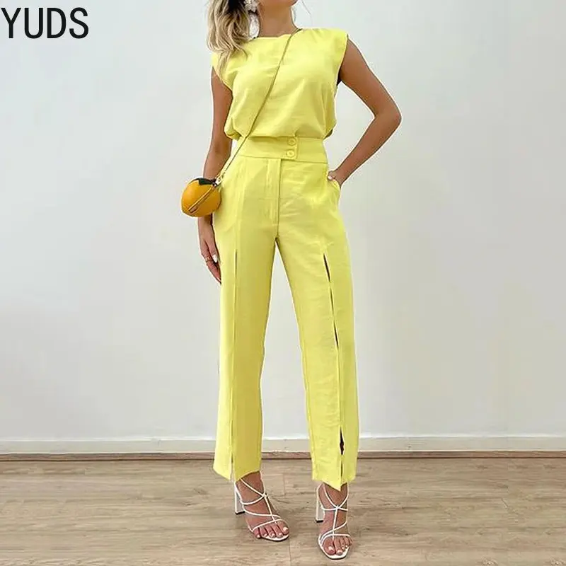 

YUDX Women Two Piece Set Fashion Solid Color Sleeveless Crew Neck Top Casual High Waist Cutout Loose With Pockets Pants Sete