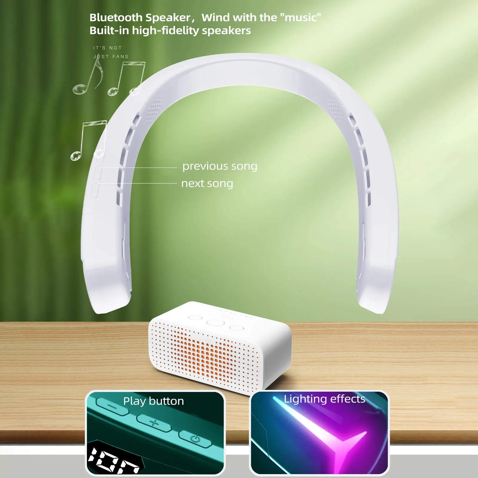 Фото 2-в-1 кулер для шеи, Bluetooth-динамик, электрический музыкальный вентилятор, многофункциональное спортивное аудио, креативный подарок для путешествий, работы на открытом воздухе, во дворе №1