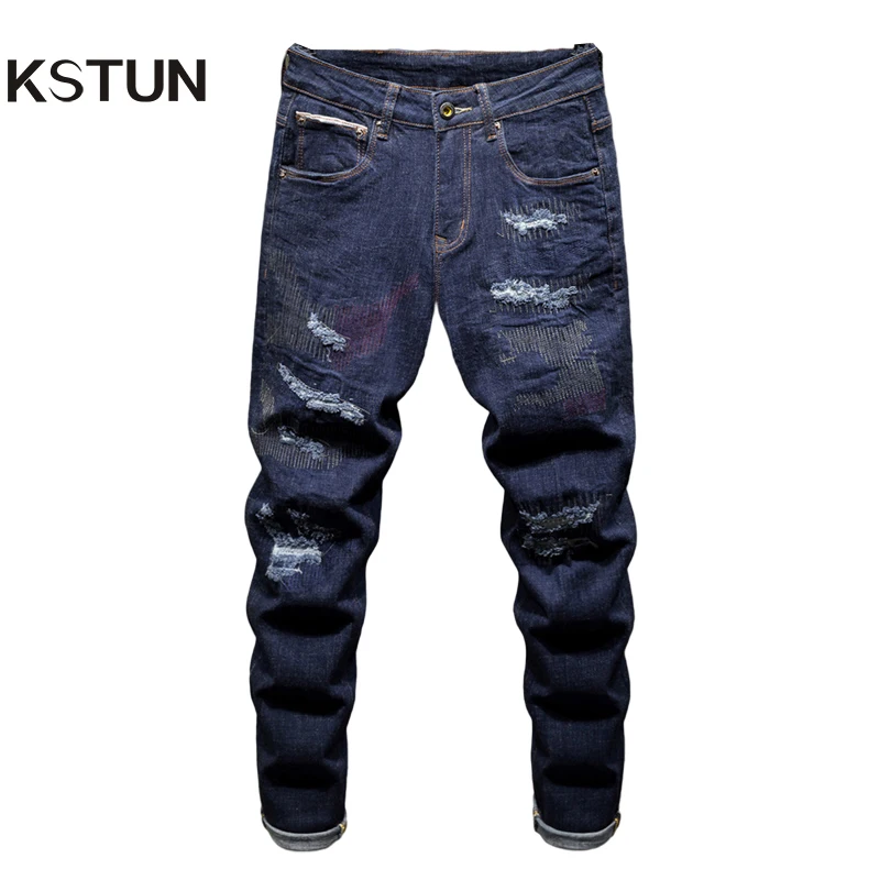 

Ripped Jeans Man Hip Hop Distressed Dark Blue Stretch Slim Straight Cut Patched Moto & Biker Jeans Pants Denim Trousers For Men