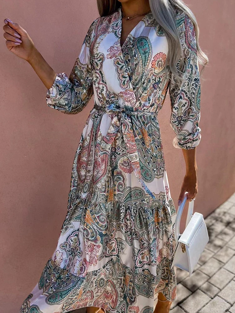 

Женское длинное платье в стиле бохо, праздничное плявечерние ное платье макси с запахом, V-образным вырезом, оборками и цветочным принтом, на...