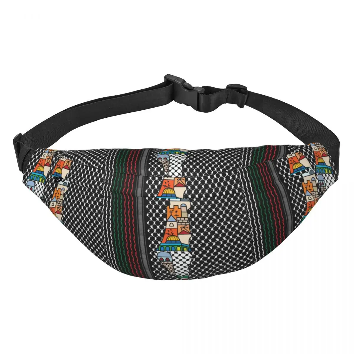 

Palestinian Map With Kufiya Hatta Pattern Fanny Pack for Running Palestine Jerusalem Sling Crossbody Waist Bag Phone Money Pouch