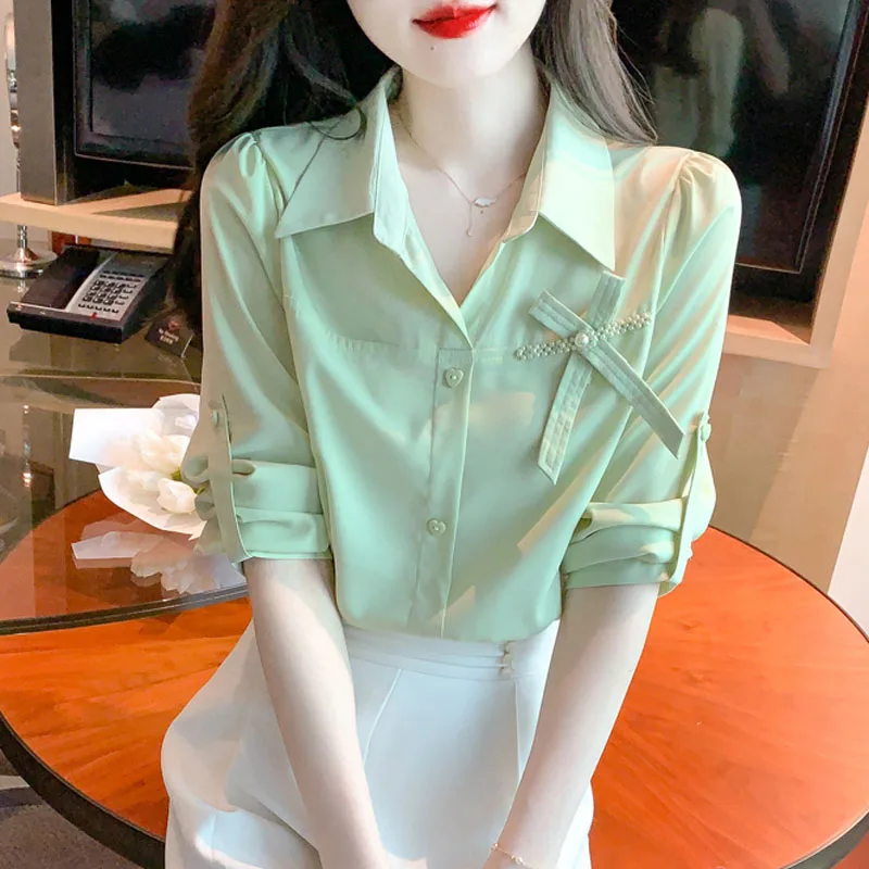 Новая модная повседневная женская рубашка с длинным рукавом и отложным