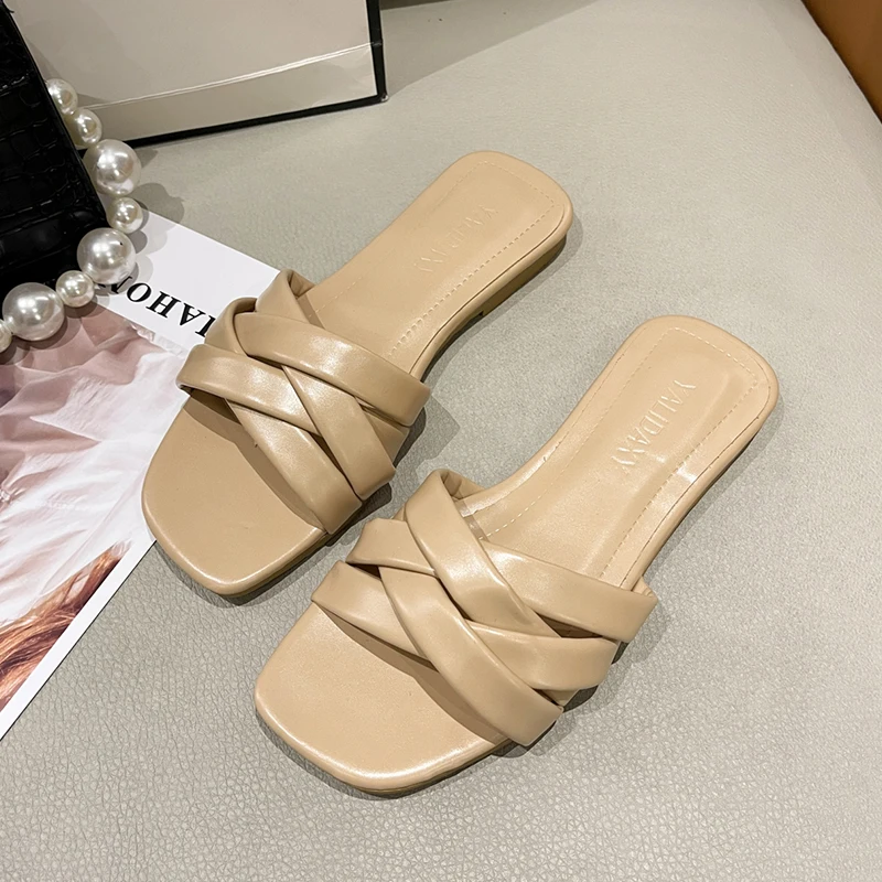 Женские пляжные шлепанцы без застежки уличные сандалии на плоской подошве