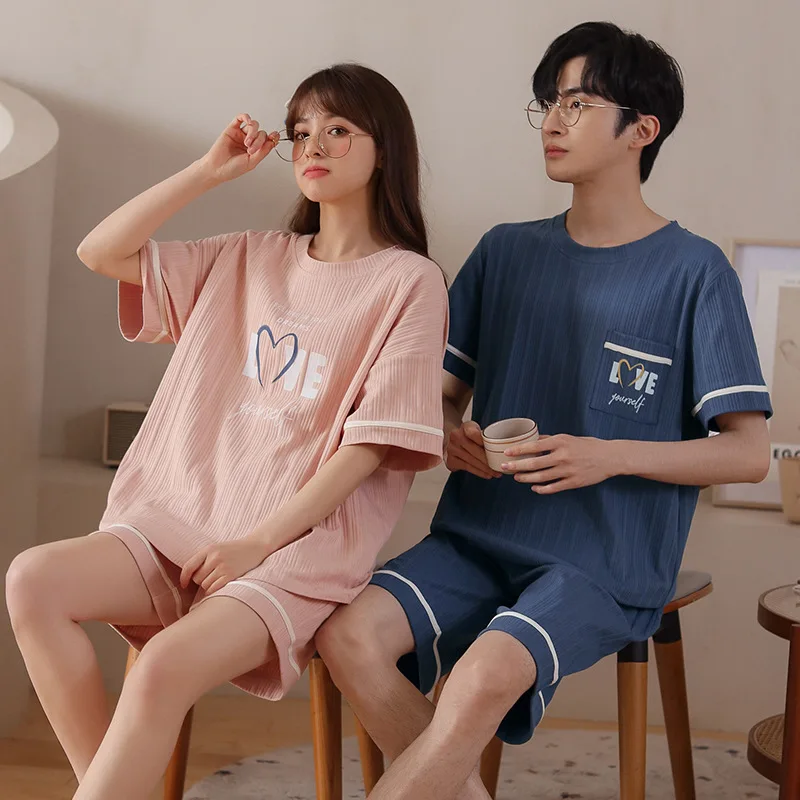 Men Summer Shorts Sleep Top Cotton Pajamas Set Women Plus Size Pijamas Suit Couples Homewear Female Male Home Clothing Nightwear