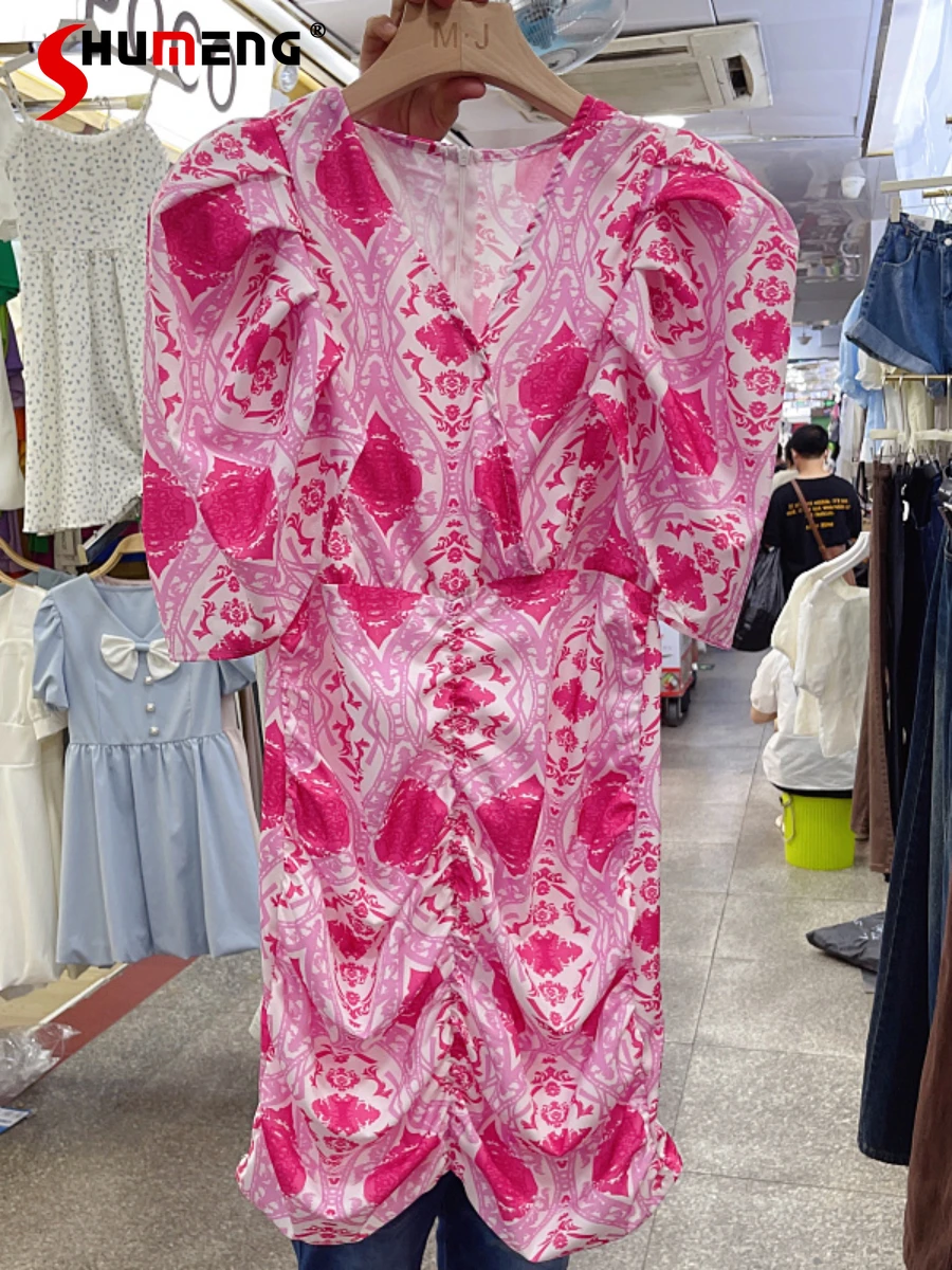 

2022 Summer New Ladies European Fashion Simple Printed Dress Women Sweet Chic Elegant Puff Sleeve V-neck Hip Above Knee Dress