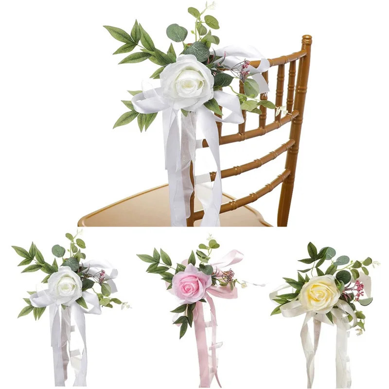 

Artificial Wedding Flowers White Aisle Chair Decorations Church Chair Bench Pew Bows with Ribbon for Wedding Ceremony Party home