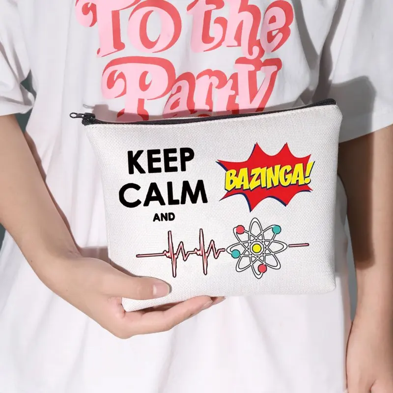 Big Bang TV Show Cosmetic Make Up Bag Bag Leonard and Sheldon Fans Inspired Gift Keep Calm and Bazinga Makeup Zipper Pouch Bag F