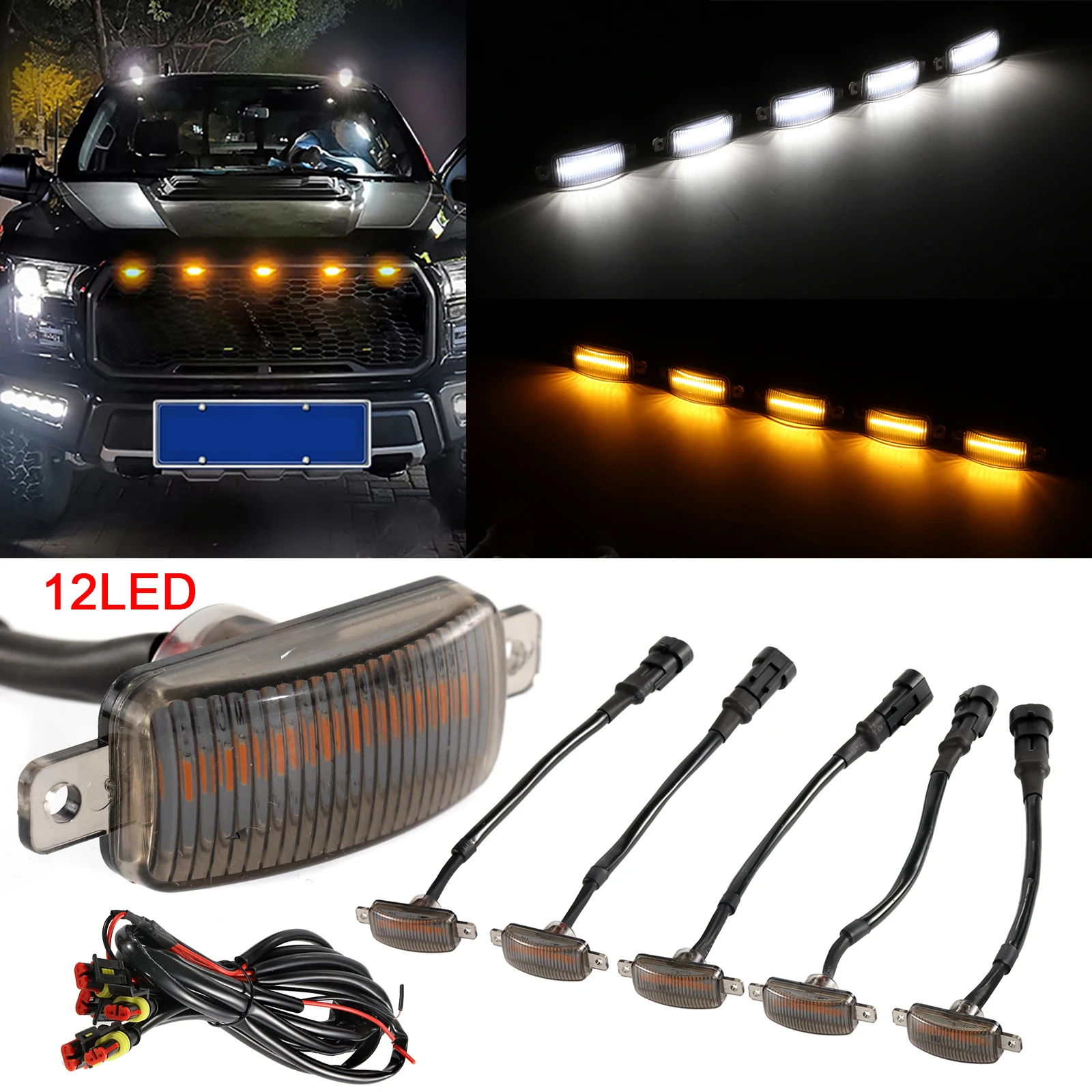 

Universal Car LED Grille Light Smoked Amber White 12LED Grill Light Lighting Eagle Eye Lamp for Off Road Trunk SUV Ford Toyota