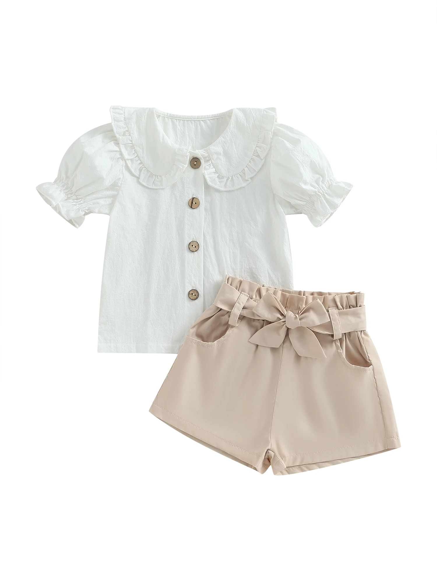 

2PCS Toddler Baby Girl Summer Clothes Outfit Short Puff Sleeve Doll Collar Shirt Shorts Set