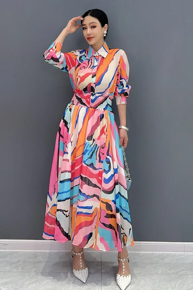 Женское длинное платье-рубашка элегантное свободное платье с отложным