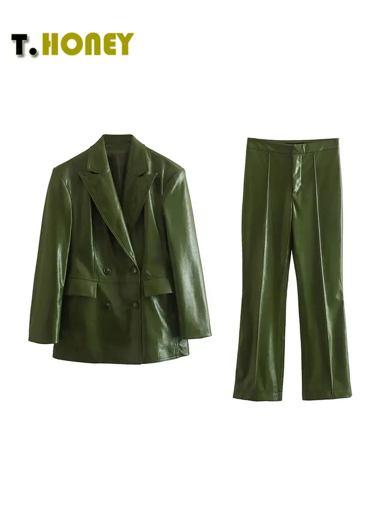 

TELLHONEY Women Fashion Double Breasted Blazer Set Female Vintage Front Zipper With Pockets Trousers Faux Leather Two Piece Suit