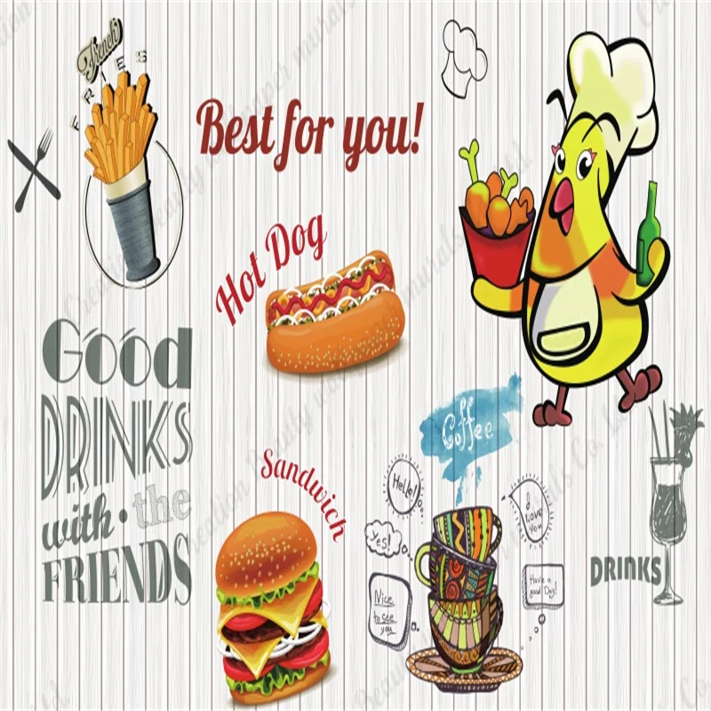 Hand Painted Fast-food Burger Fried Chicken Wallpaper Industrial Decor Mural Snack Bar Restaurant Wall Paper Papel De Parede images - 6
