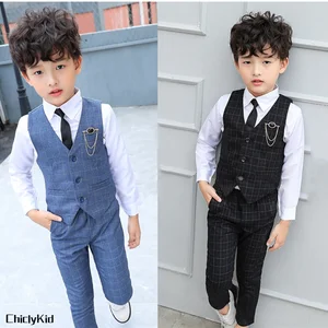 Boy Plaid Vest Blazer Kids Waistcoat Wedding Clothes Set Toddler Formal Dress Suit Child Brooch Shir