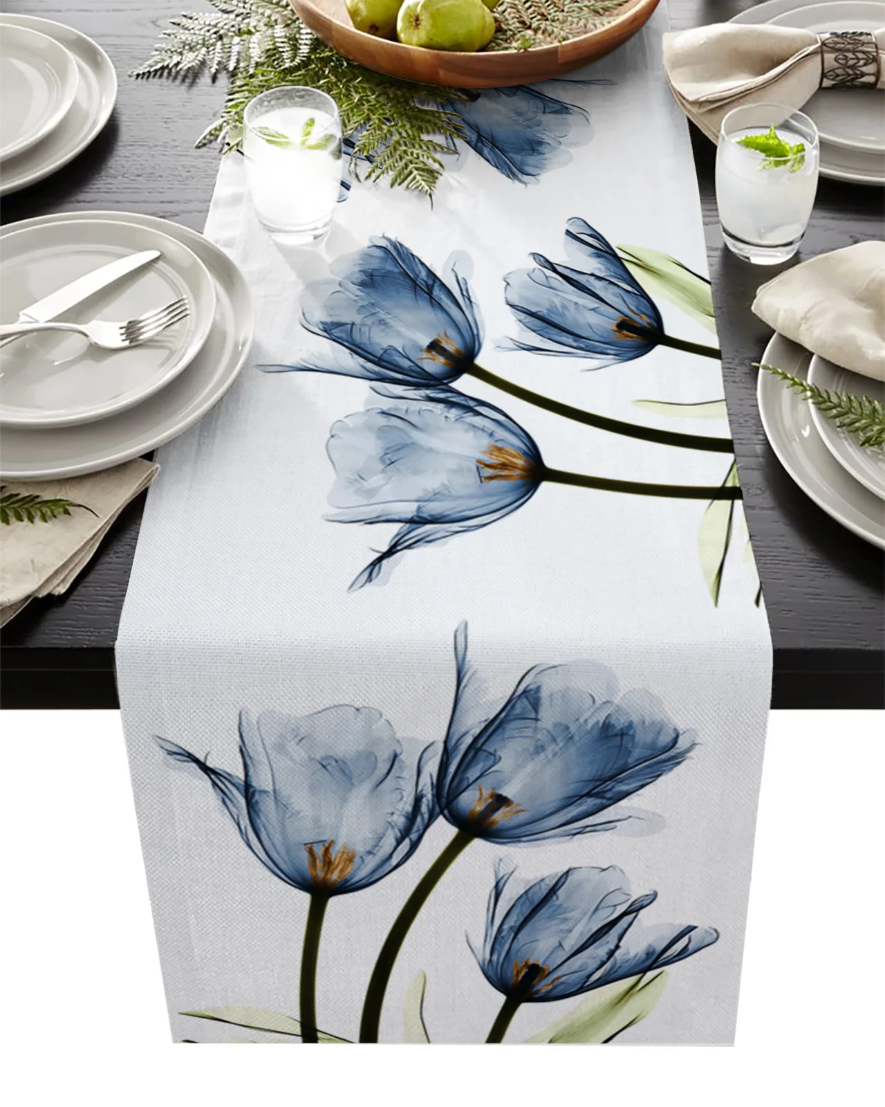 

Blue Tulip Flower Table Runner luxury Kitchen Dinner Table Cover Wedding Party Decor Cotton Linen Tablecloth