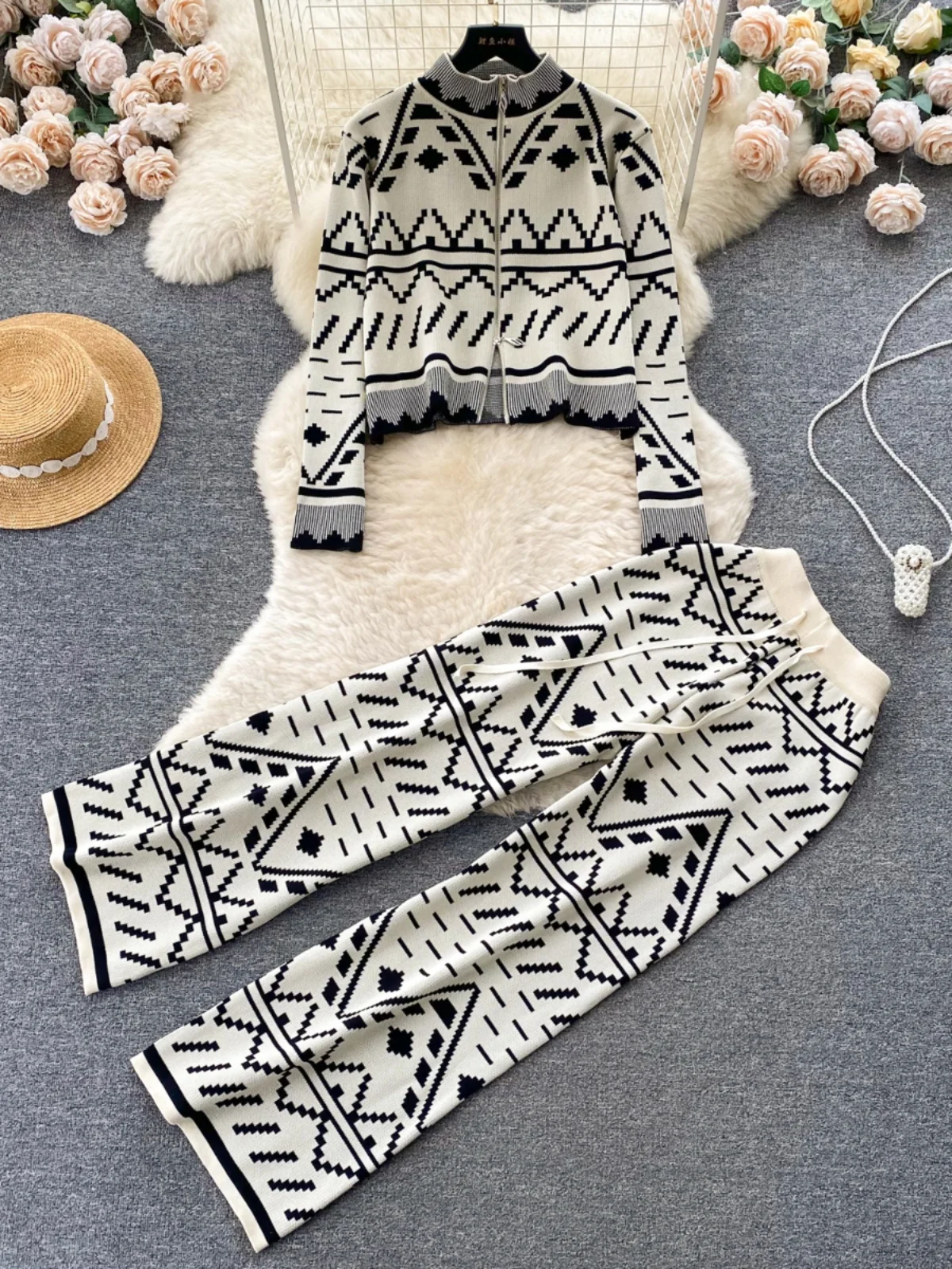 Женский Повседневный Спортивный вязаный комплект из двух предметов свободный